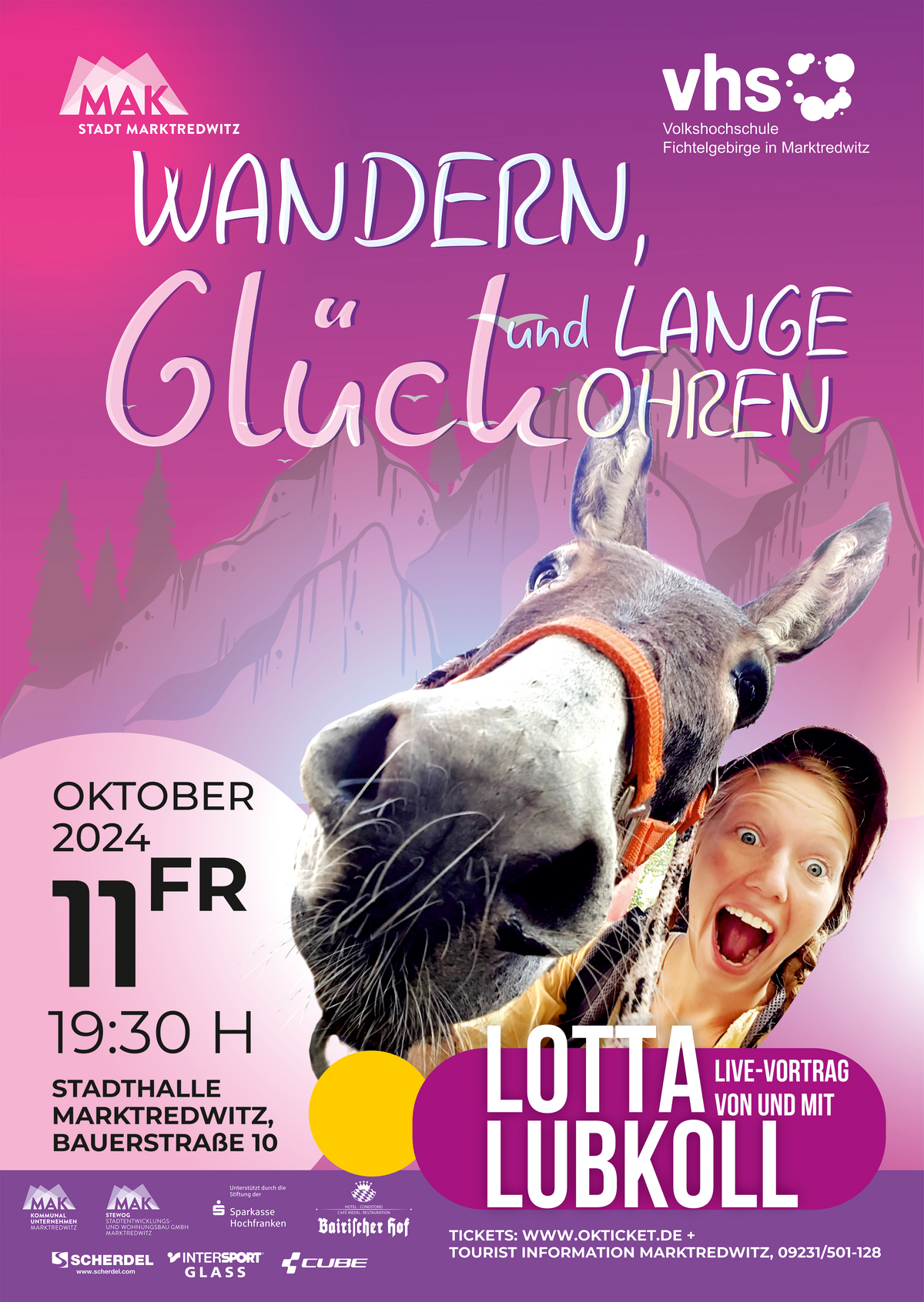 Plakat zum Live-Vortrag von und mit Lotta Lubkoll - Wandern, Glück und lange Ohren