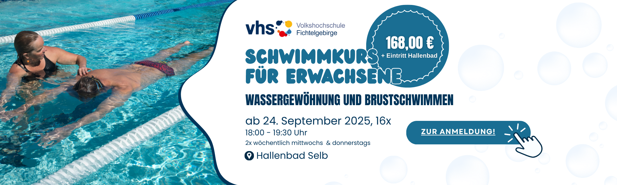 Schwimmkurs für Erwachsene am 24.09.2025 um 18:00 Uhr im Hallenbad Selb. 16 Termine immer 2mal wöchentlich mittwochs und donnerstags