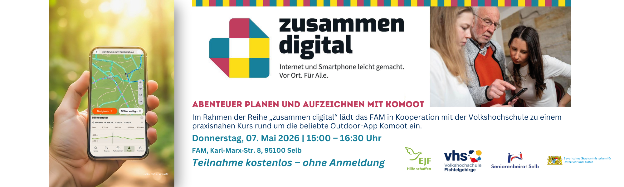 zusammen digital - Abenteuer planen und aufzeichnen mit Komoot Donnerstag, 07.05.2026 um 15:00–16:30 Uhr im FAM in Selb